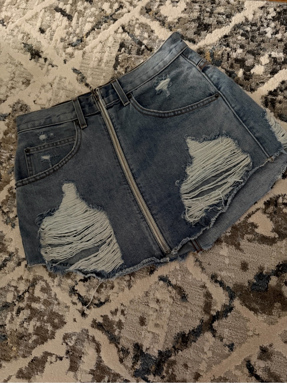 Carmar Distressed Light Blue Denim Mini Skirt with Front Zip